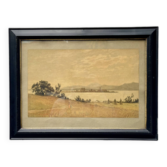 Antique Water Colour Painting Ebonised Frame