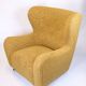 Armchair with ottoman - Over-upholstered - Patterned yellow fabric - Black legs - Danish design - 1940s style