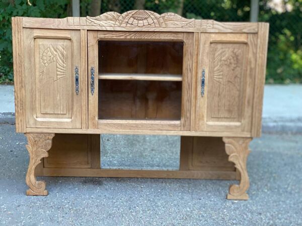 Vitrine vaisselier vintage en bois massif art déco 1950