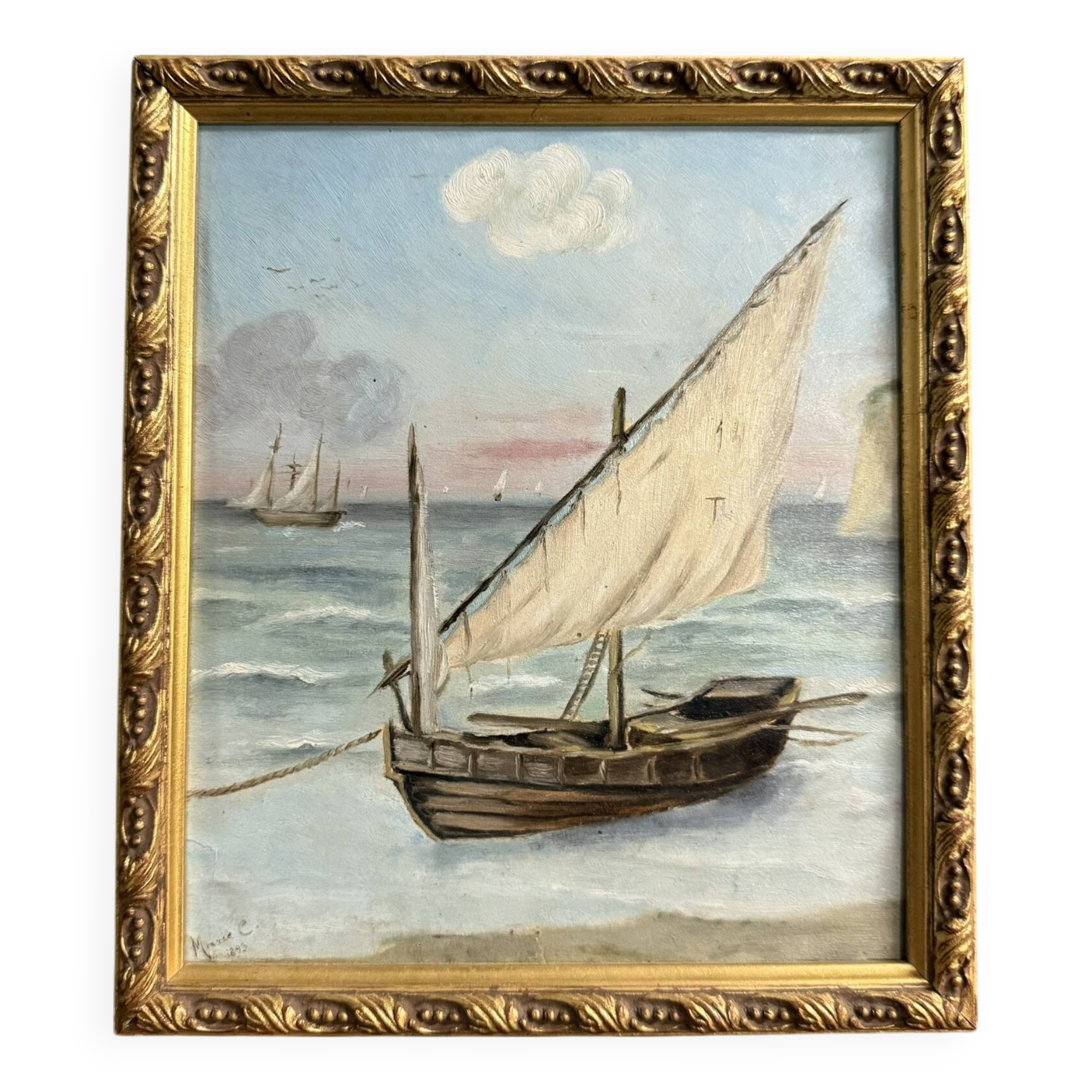 Marie C: oil painting on canvas, seascape with sailboat, Napoleon III period