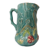 Antique turquoise Art Deco majolica pitcher vase with a snake motif