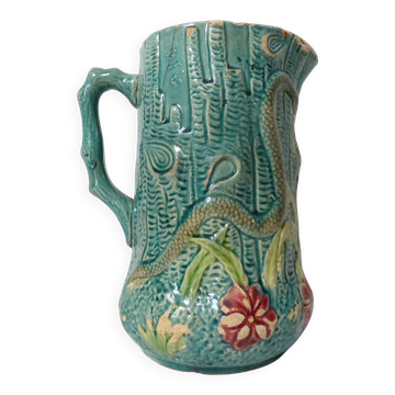 Antique turquoise Art Deco majolica pitcher vase with a snake motif