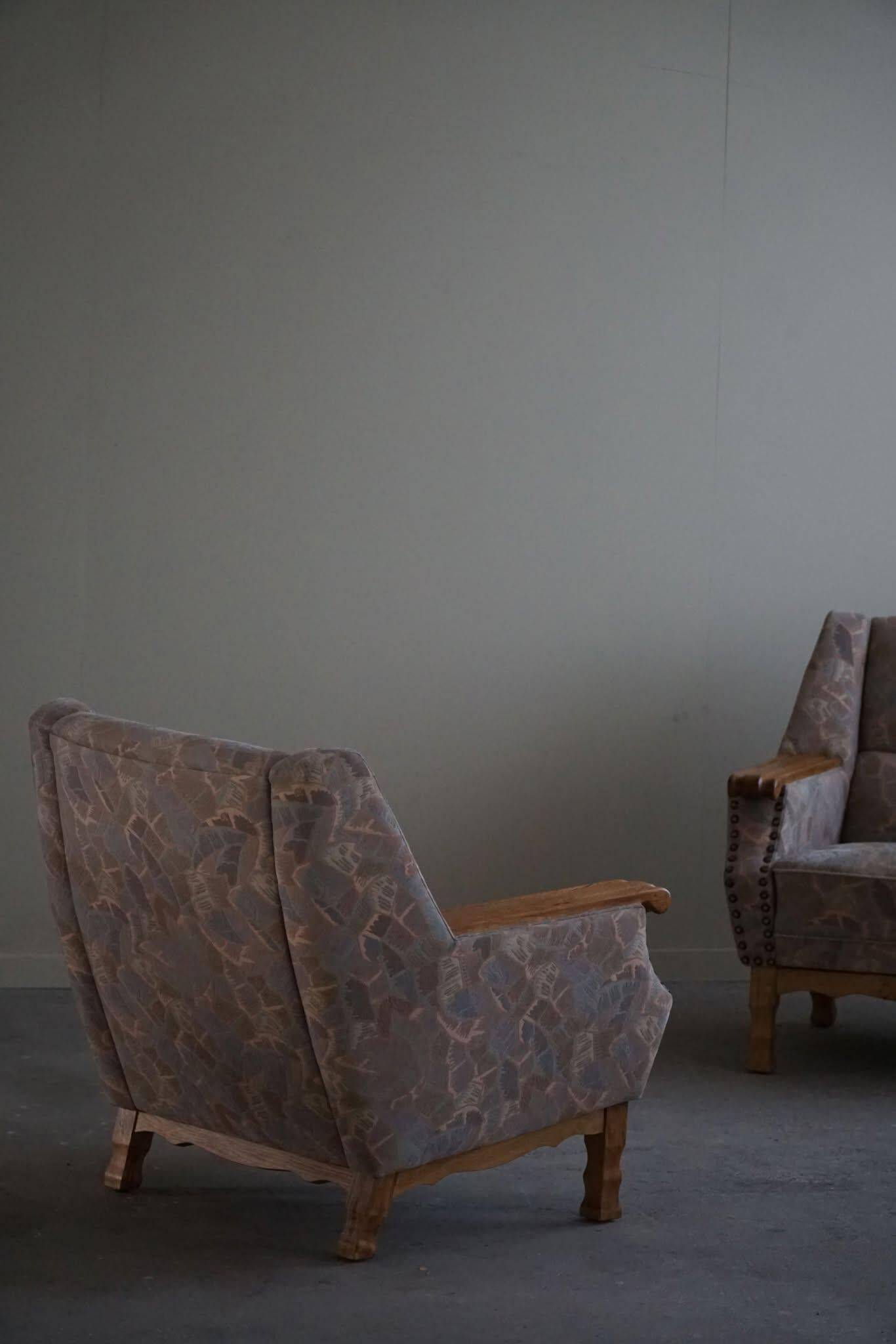 Mid-century modern Danish, pair of oak armchairs with original fabric, 1960s.