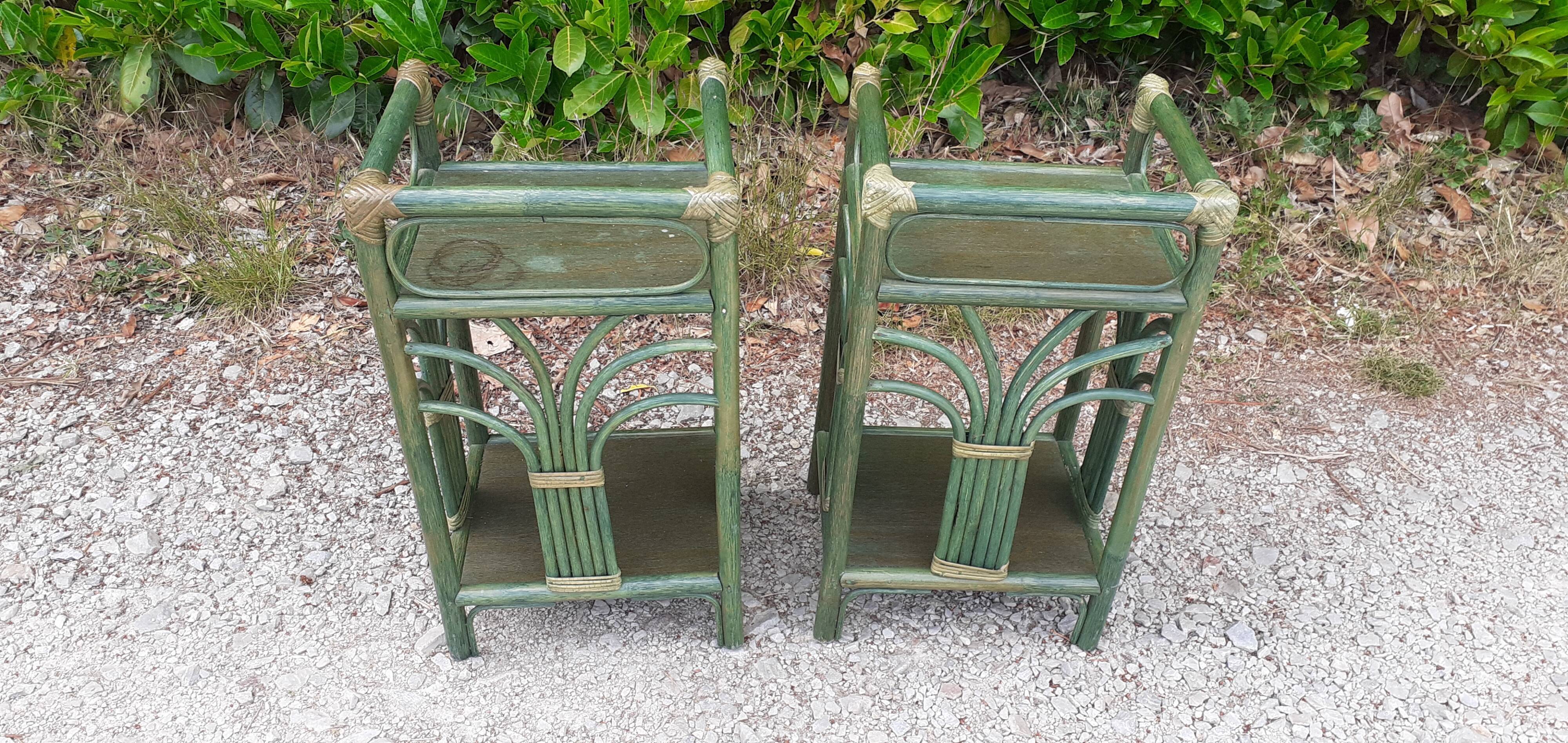 Pairs of bedside tables 2 green rattan shelves