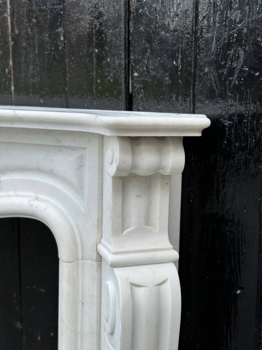 Louis XV Style Fireplace In White Carrara Marble, Circa 1980