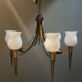 Bronze and brass chandelier set with 6 opalines + 3 appliques