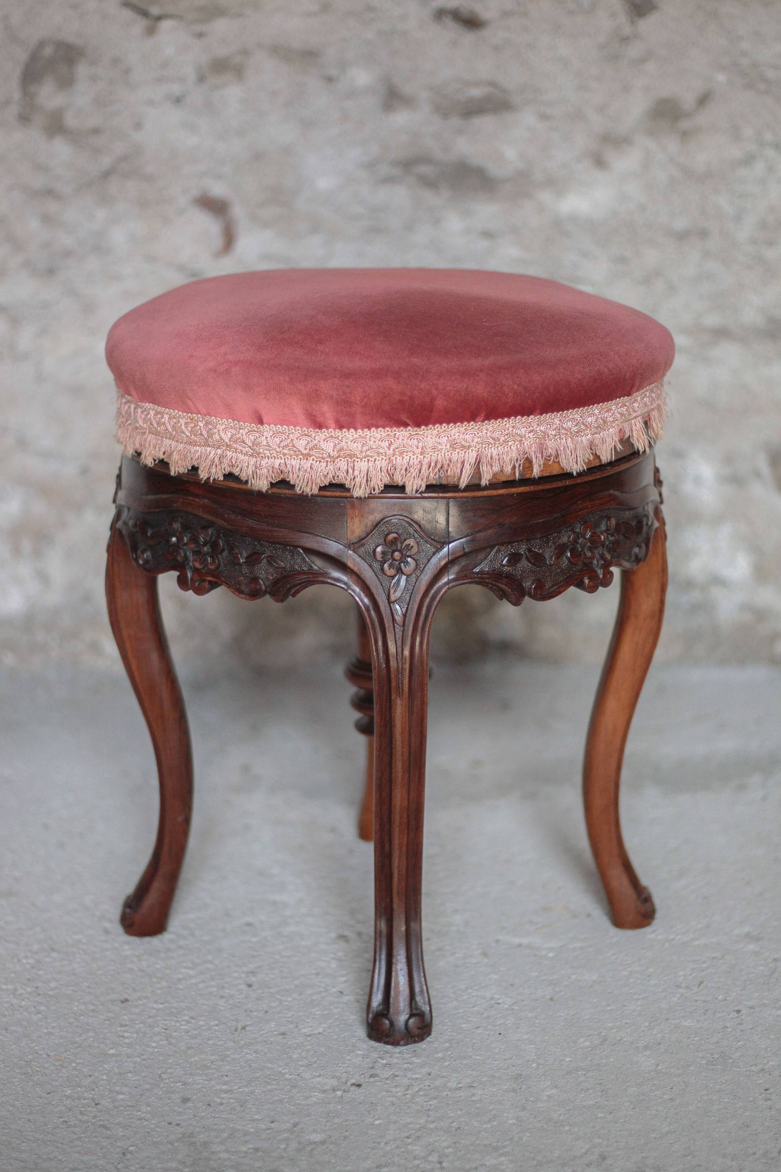 Victorian style stool, wooden and pink velvet stool, piano stool