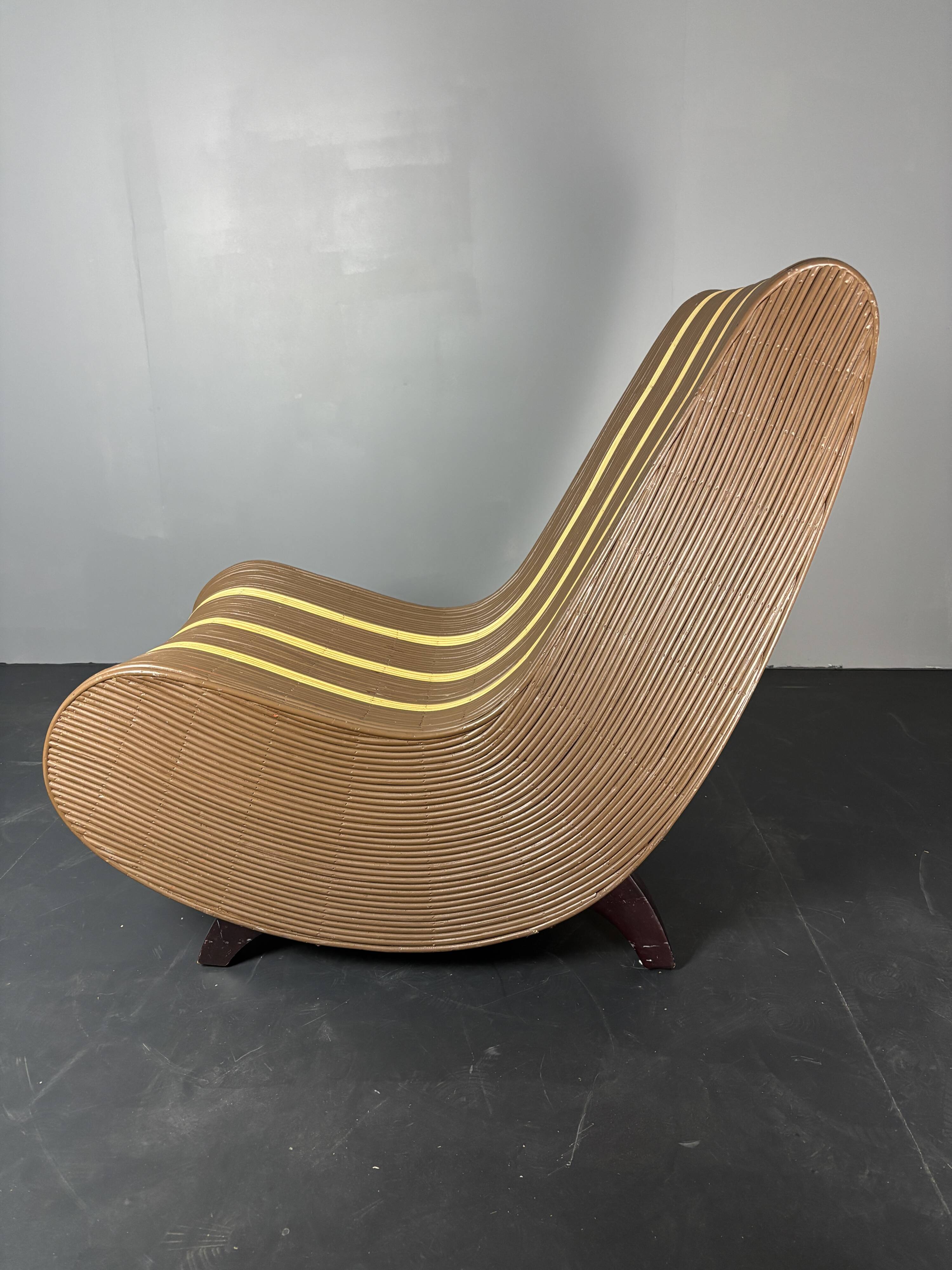 Curvy wavy pencil reed rattan bamboo low lounge chair, 1970s