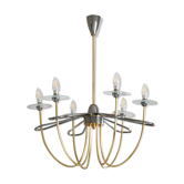 Grand lustre laiton doré et argenté minimaliste 6 branches coupelles en verre 1950 1960