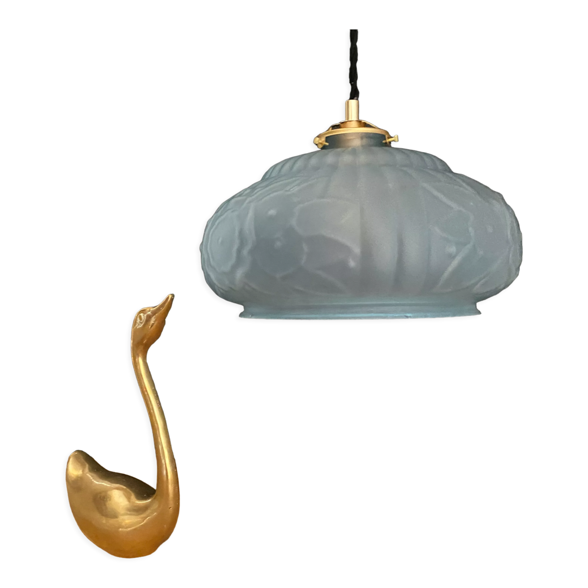 Vintage art deco lampshade pendant lamp in blue frosted glass