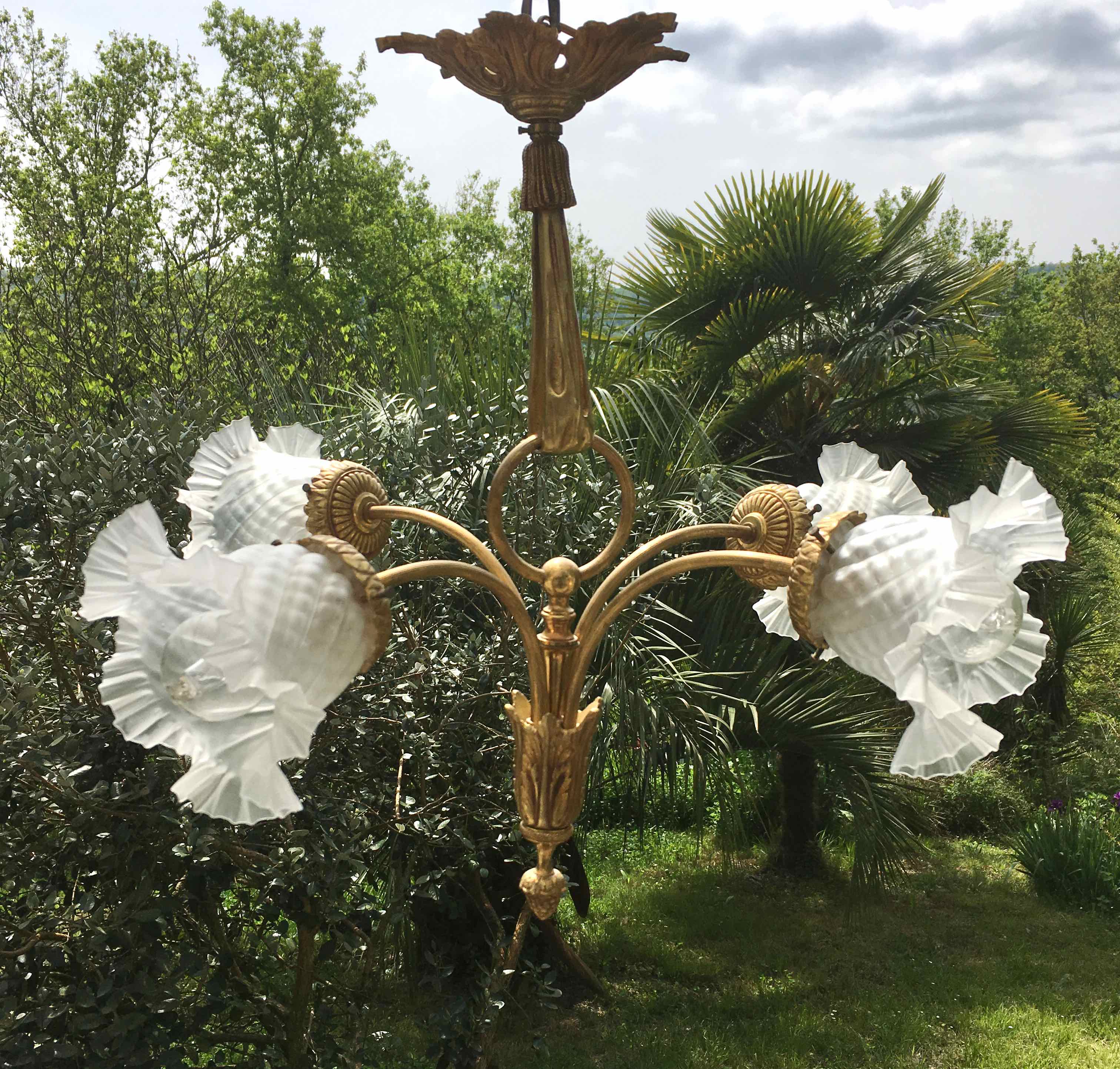 Art nouveau chandelier bronze and pressed glass