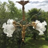 Art nouveau chandelier bronze and pressed glass