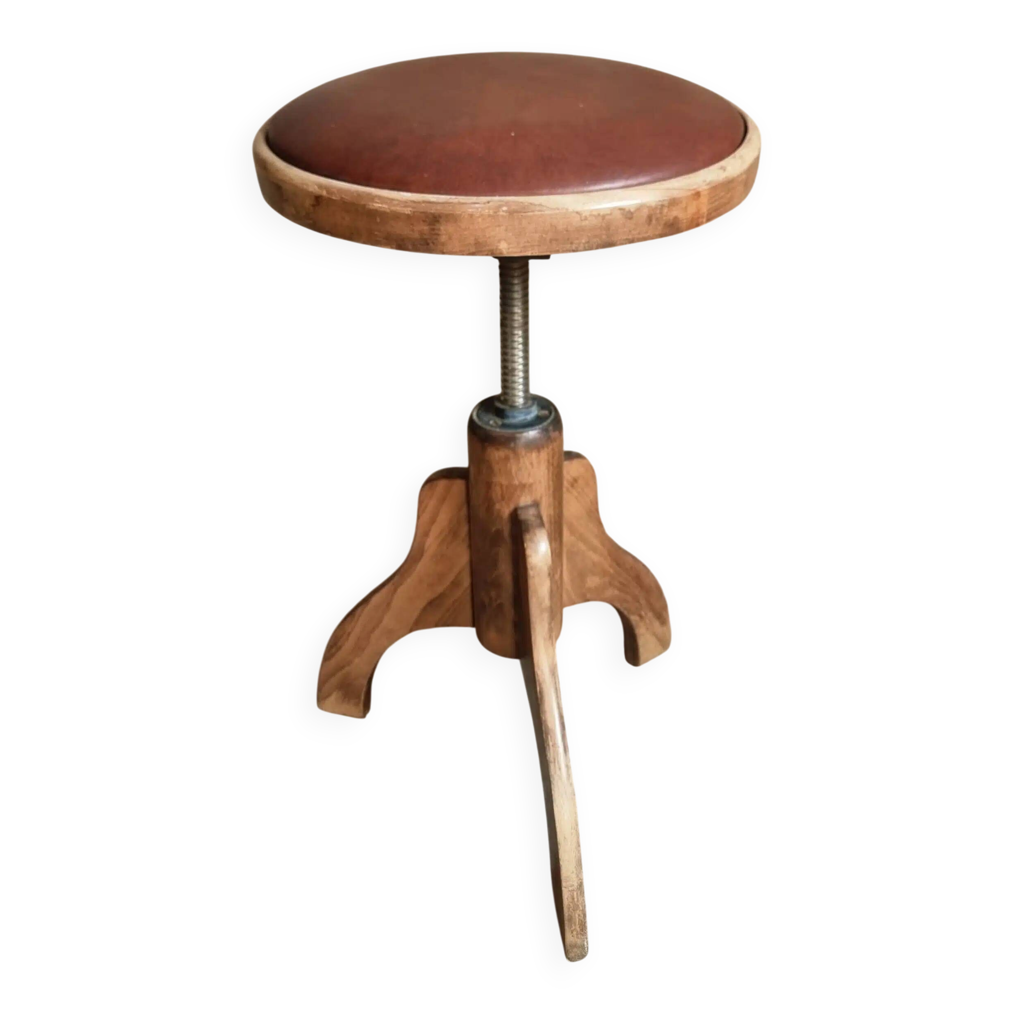 Tabouret français vintage en bois réglable, assise en skaï, années 1960