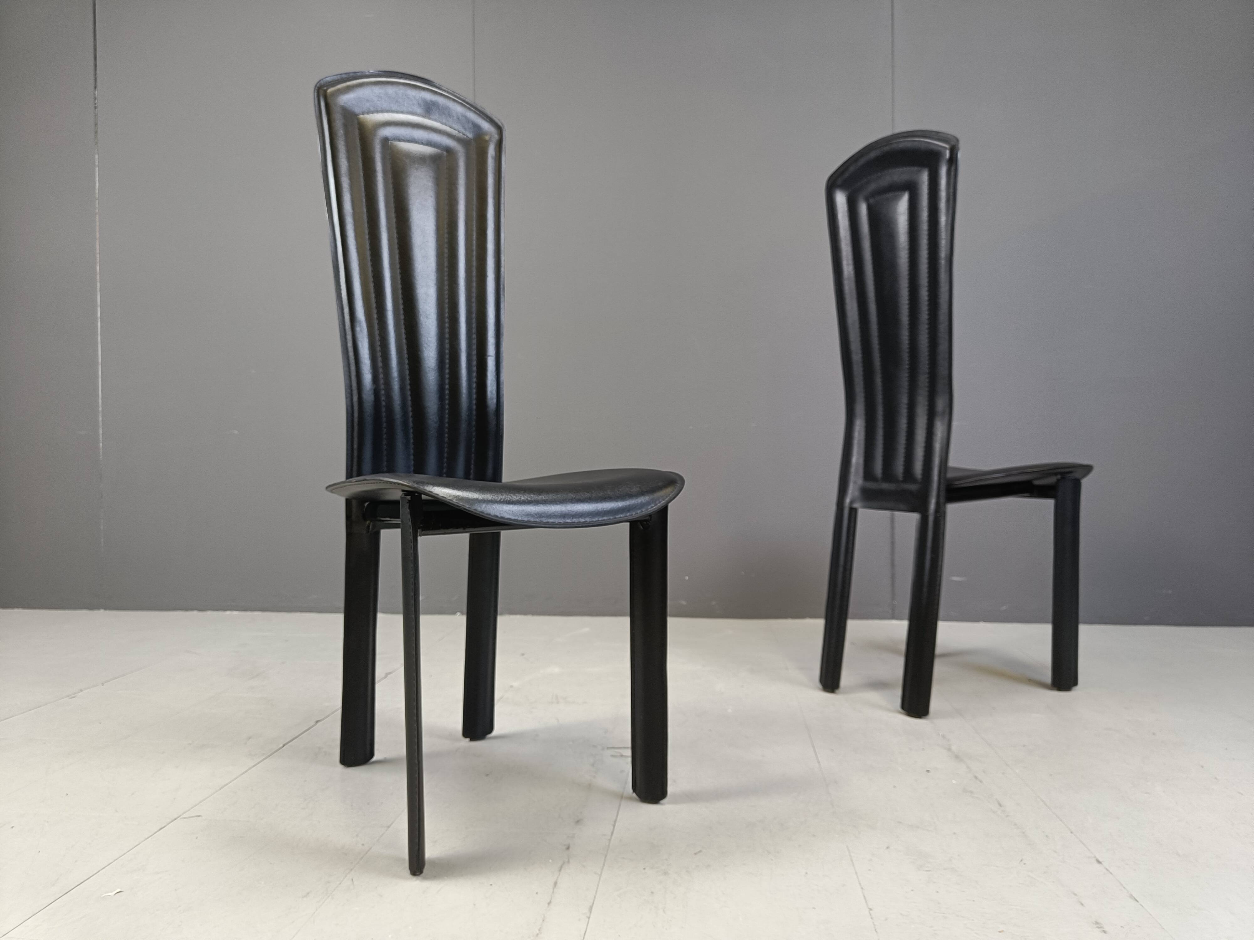 Vintage black leather dining chairs, set of 4, 1980s