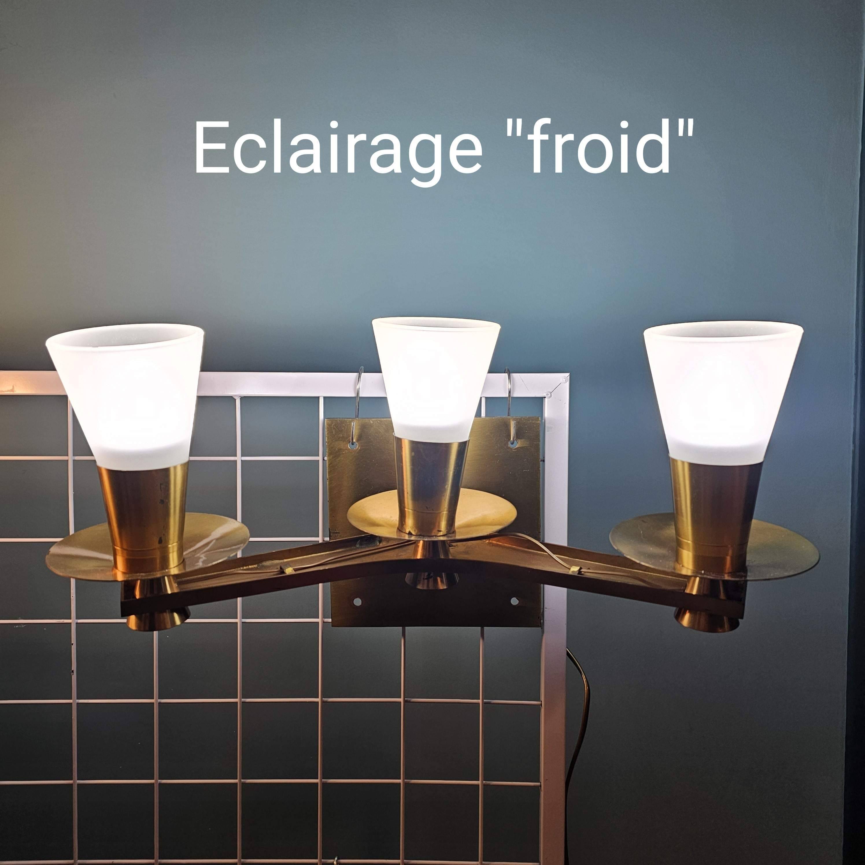 Maison cheret, pair of 3-light wall lights in ronze, brass and glass, circa 1950/1960