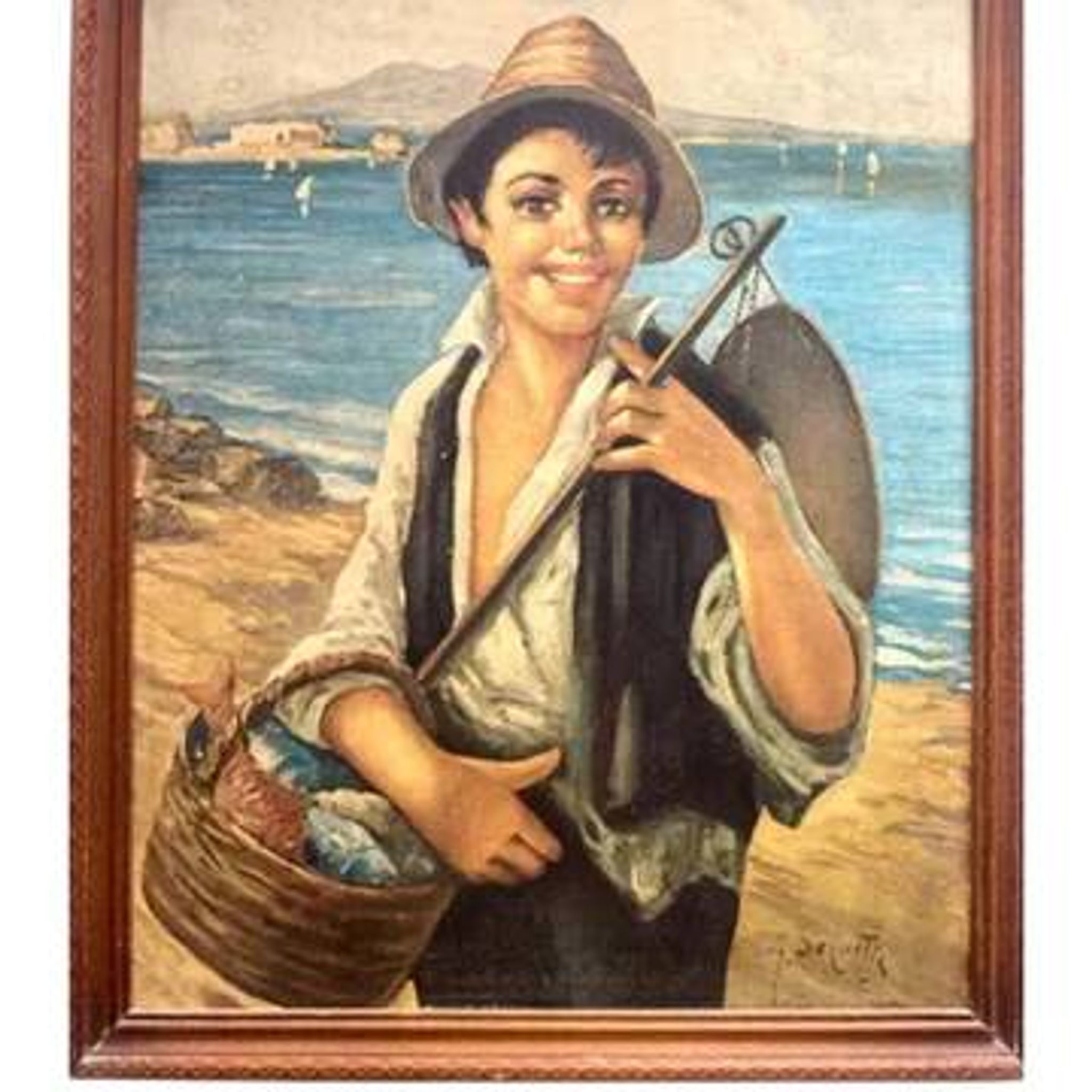 Oil painting, G. De Curtis, signed canvas, young Italian fisherman, late 20th century