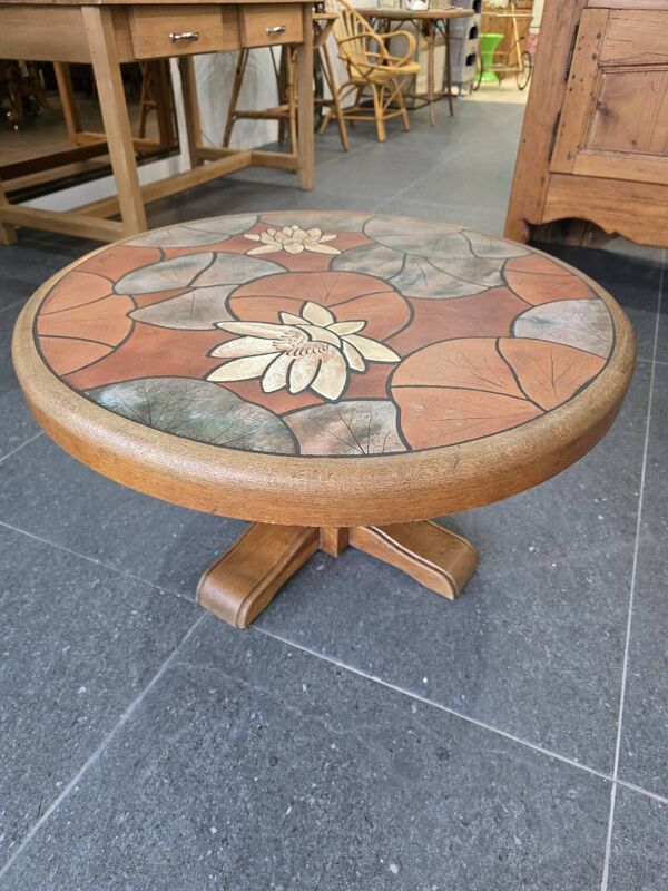 Table basse vintage- Signé Barrois en céramique émaillée et bois – Déc