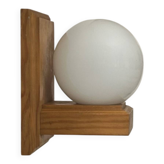 Vintage wall light, pine and opaline glass, France, 1970