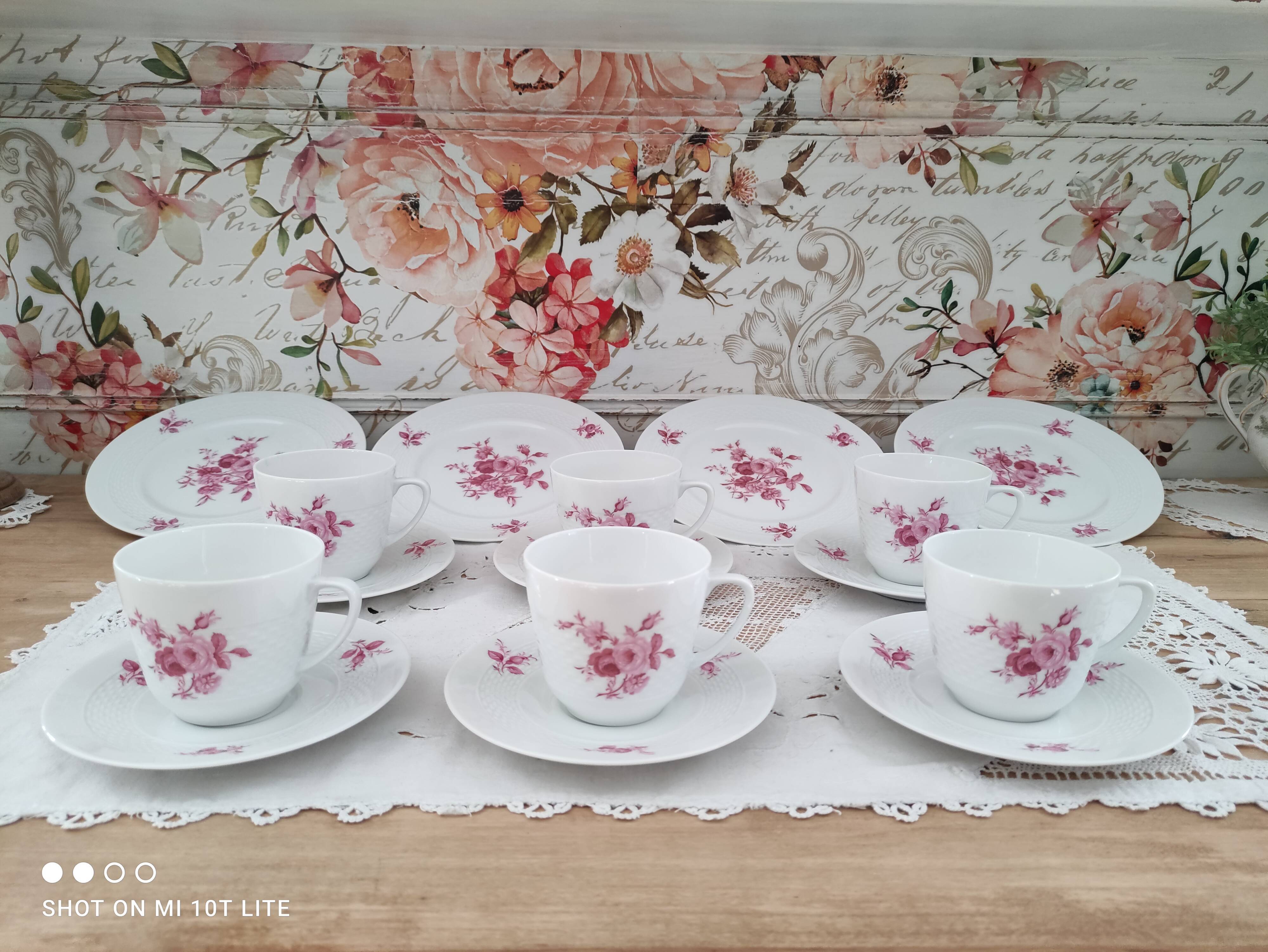 Coffee set 16 pieces porcelain bavaria white décor pink roses