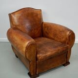 French moustache back cognac-colored leather club chair, 1940s