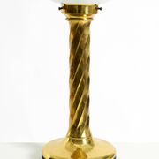 Large 1960s brass column-style table lamp with frosted glass globe