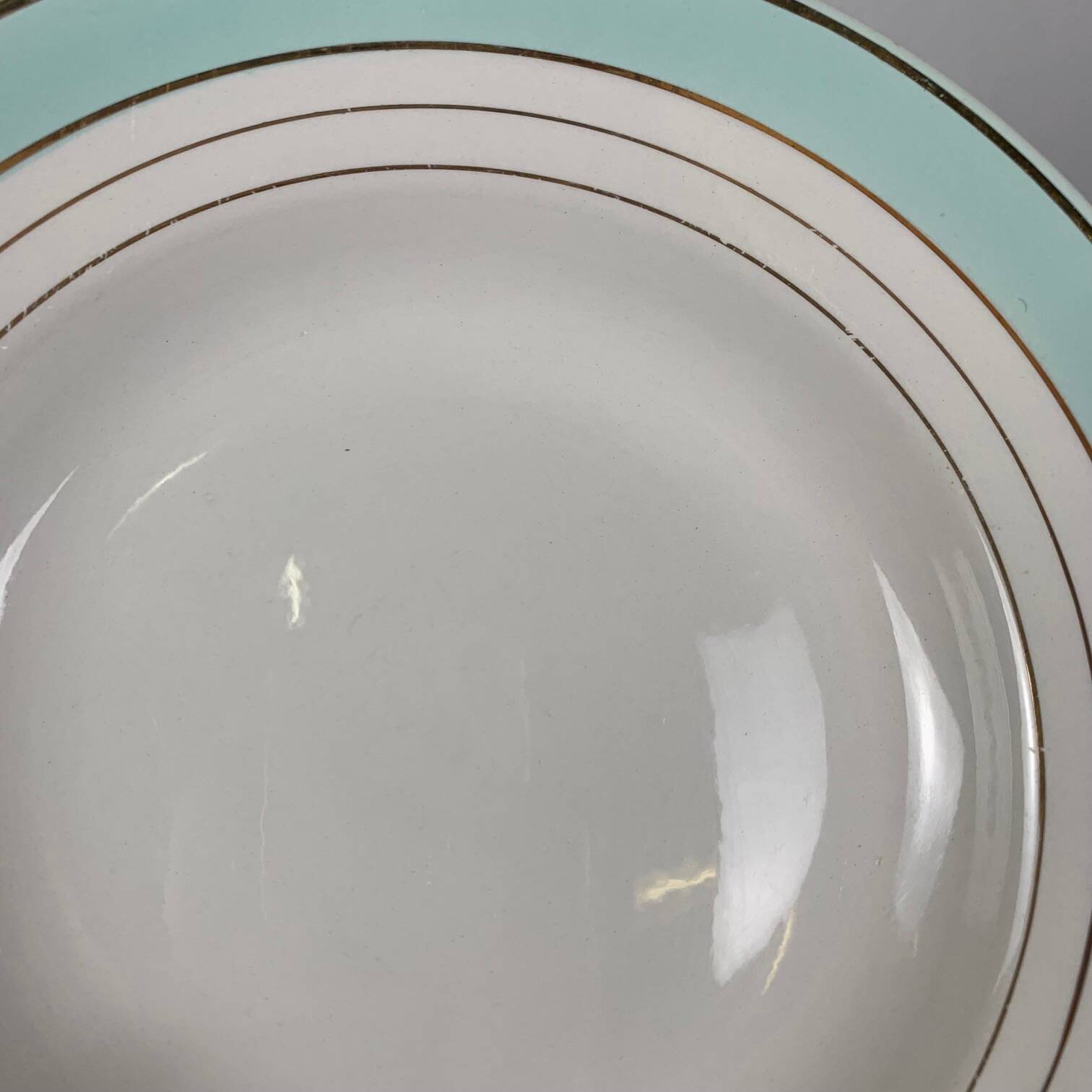 Set of 6 Lunéville soup plates, "Régence" model, water green and 4 lines