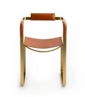 Armchair, Aged Brass Steel and Natural Tobacco Saddle Leather, Contemporary Style