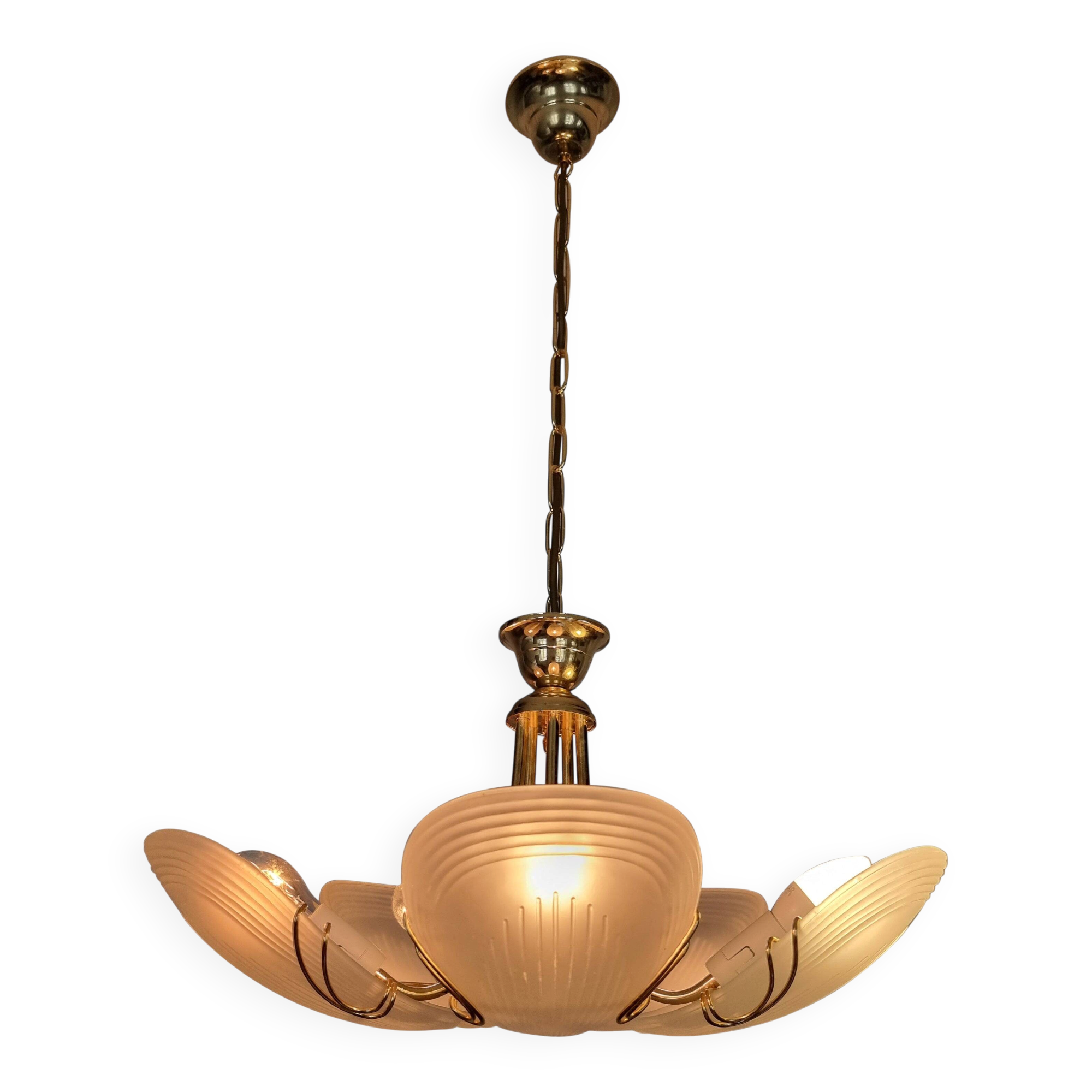 Reijmyre brass pendant with clam-shaped glass, Sweden, 1980s/90s Art Deco style.