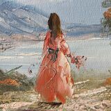 Tableau ancien huile sur toile jeune fille au lac signé