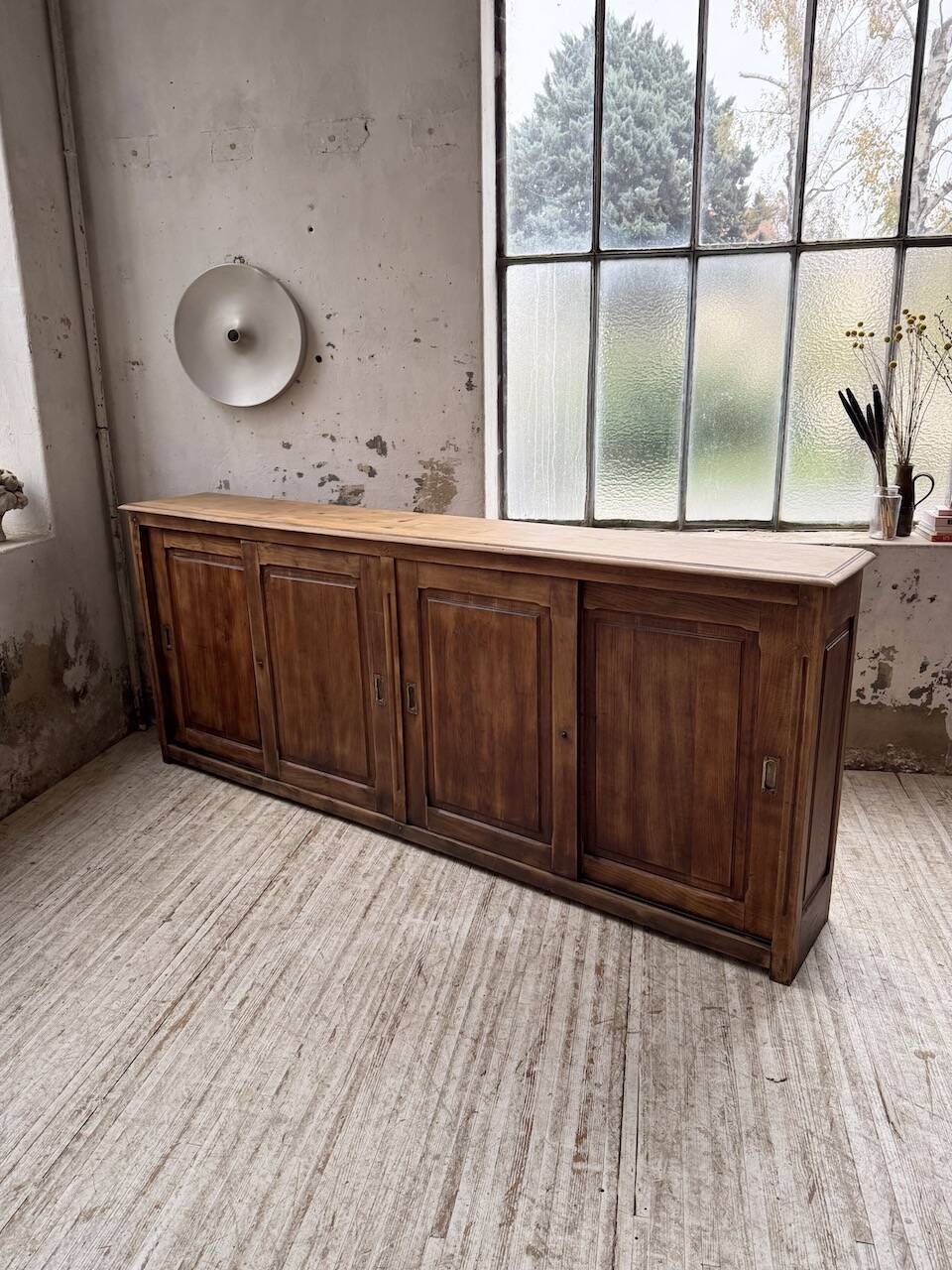 XL oak workshop sideboard with sliding doors from 1900