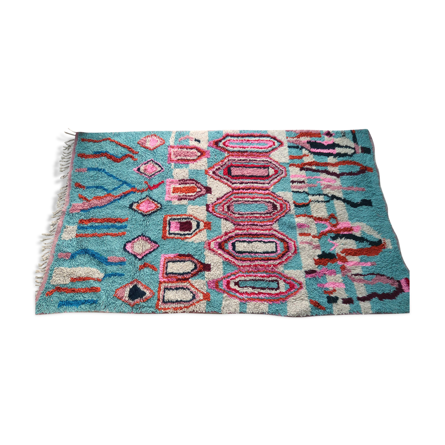 Pink and blue boujaad berber carpet in wool, hand-woven in morocco