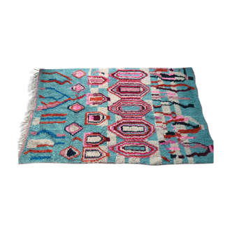 Pink and blue boujaad berber carpet in wool, hand-woven in morocco