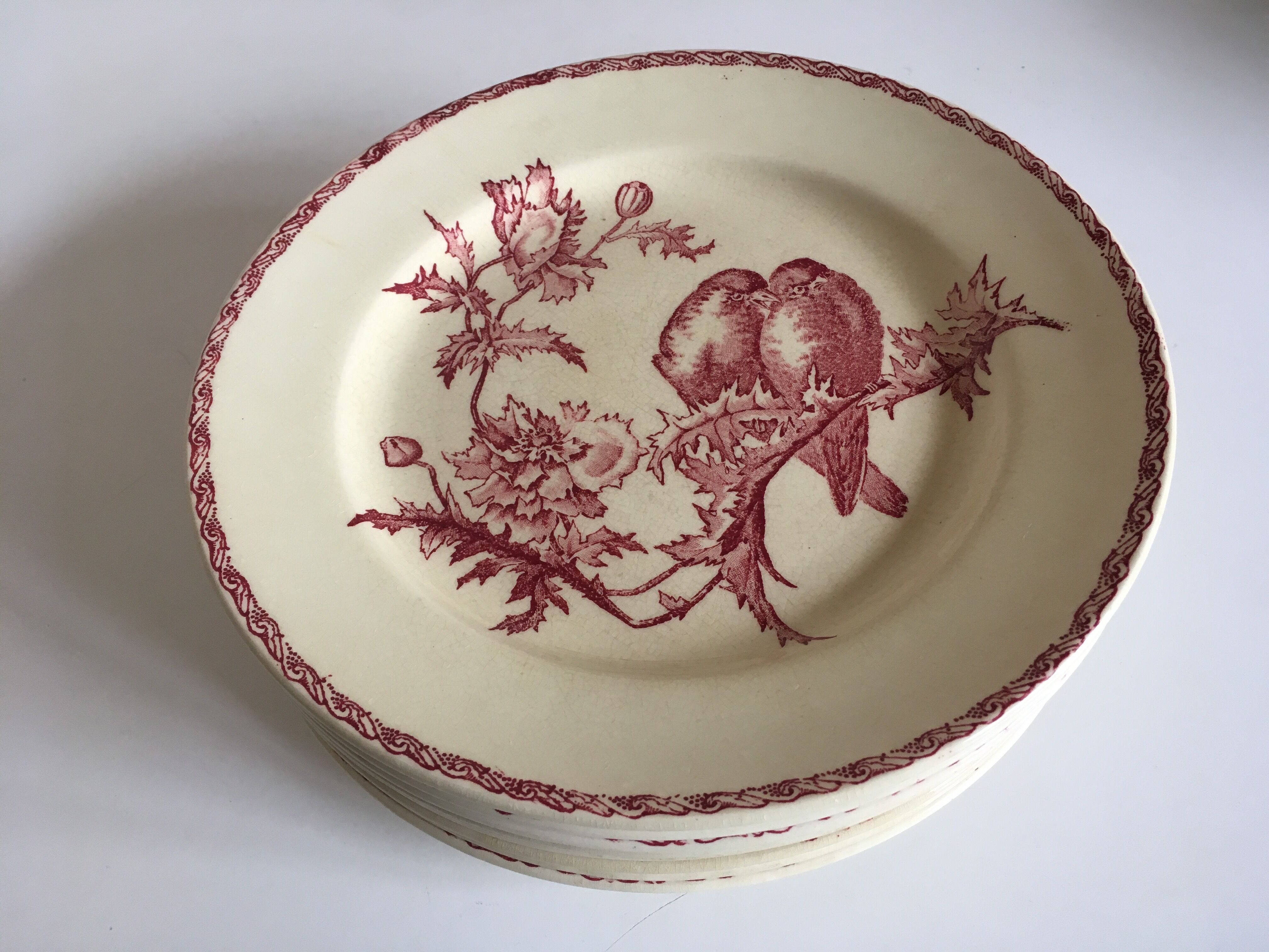 Set de 9 assiettes en faience 19e oiseaux Longwy