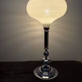 Large Art Deco table lamp, chrome base and satin glass globe.