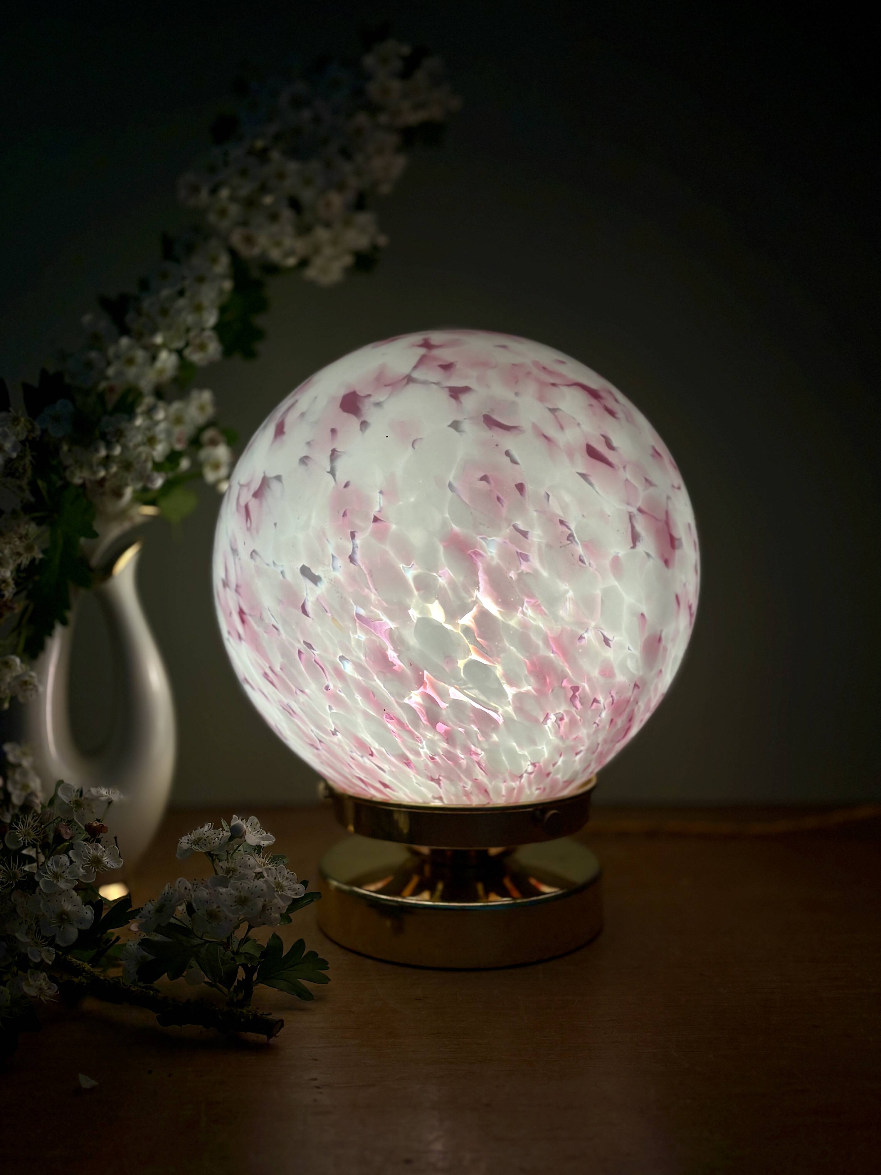 Vintage pink and white glass globe table lamp