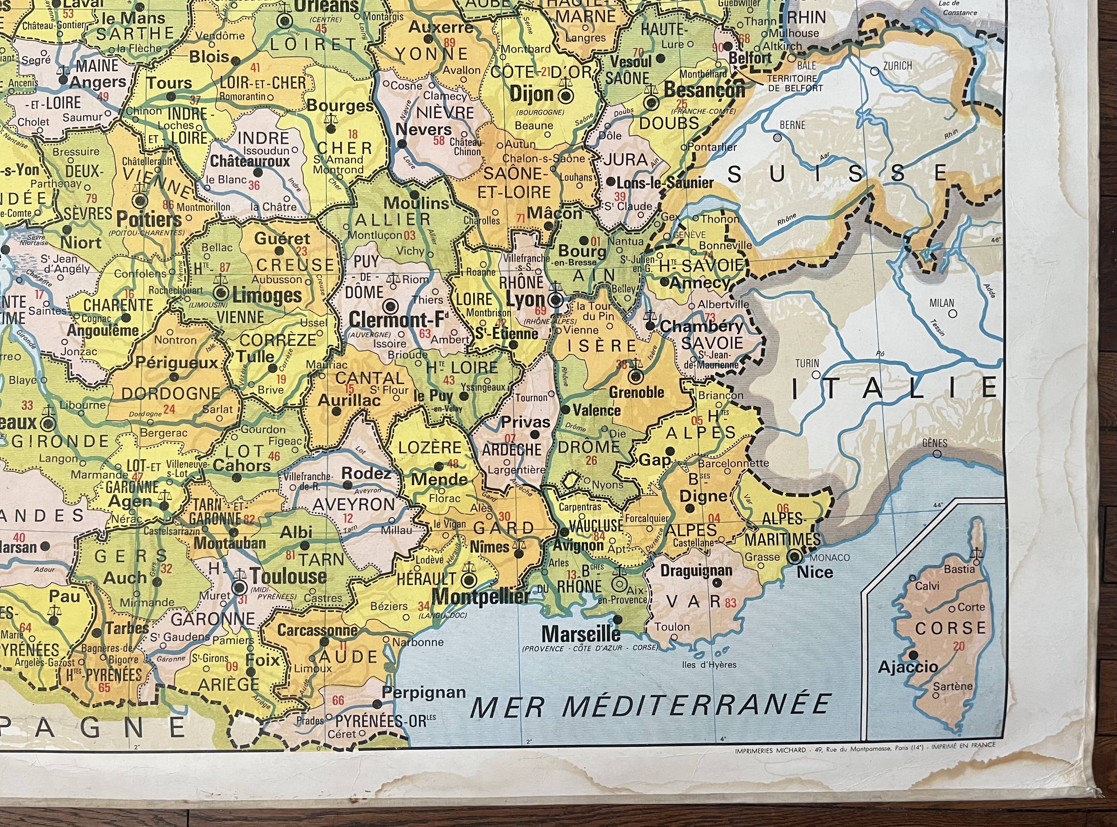 Old Vidal-Lablache map 301, 1950 - France, departments, rivers