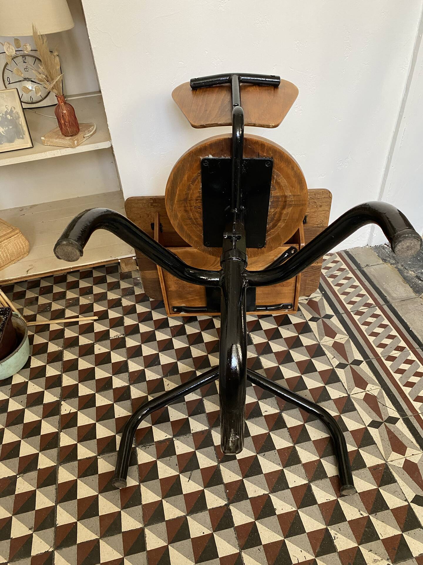 Old school desk with integrated chair – oak and metal – year