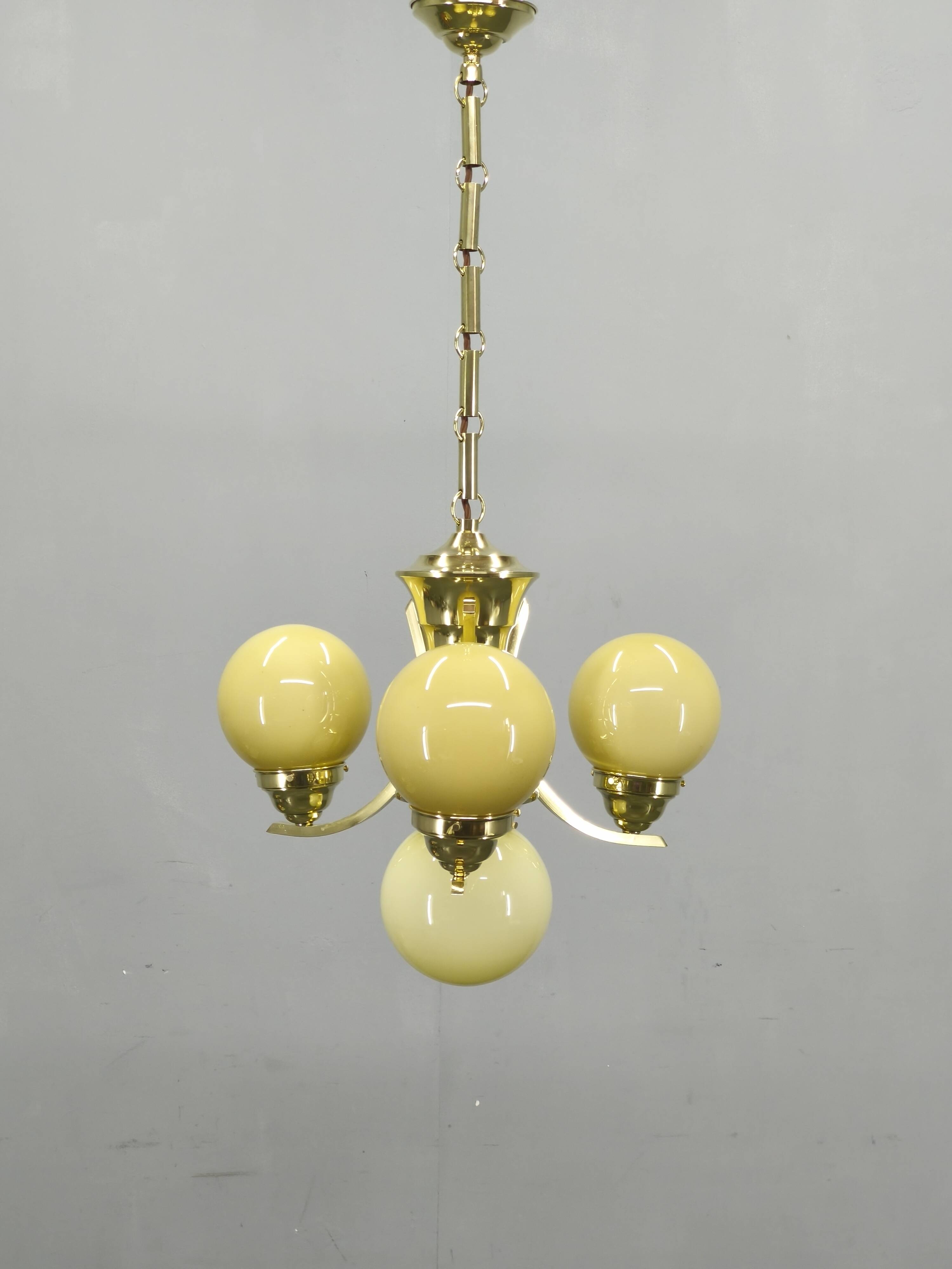 Art Deco Brass and Opaline Glass Chandelier, 1930s