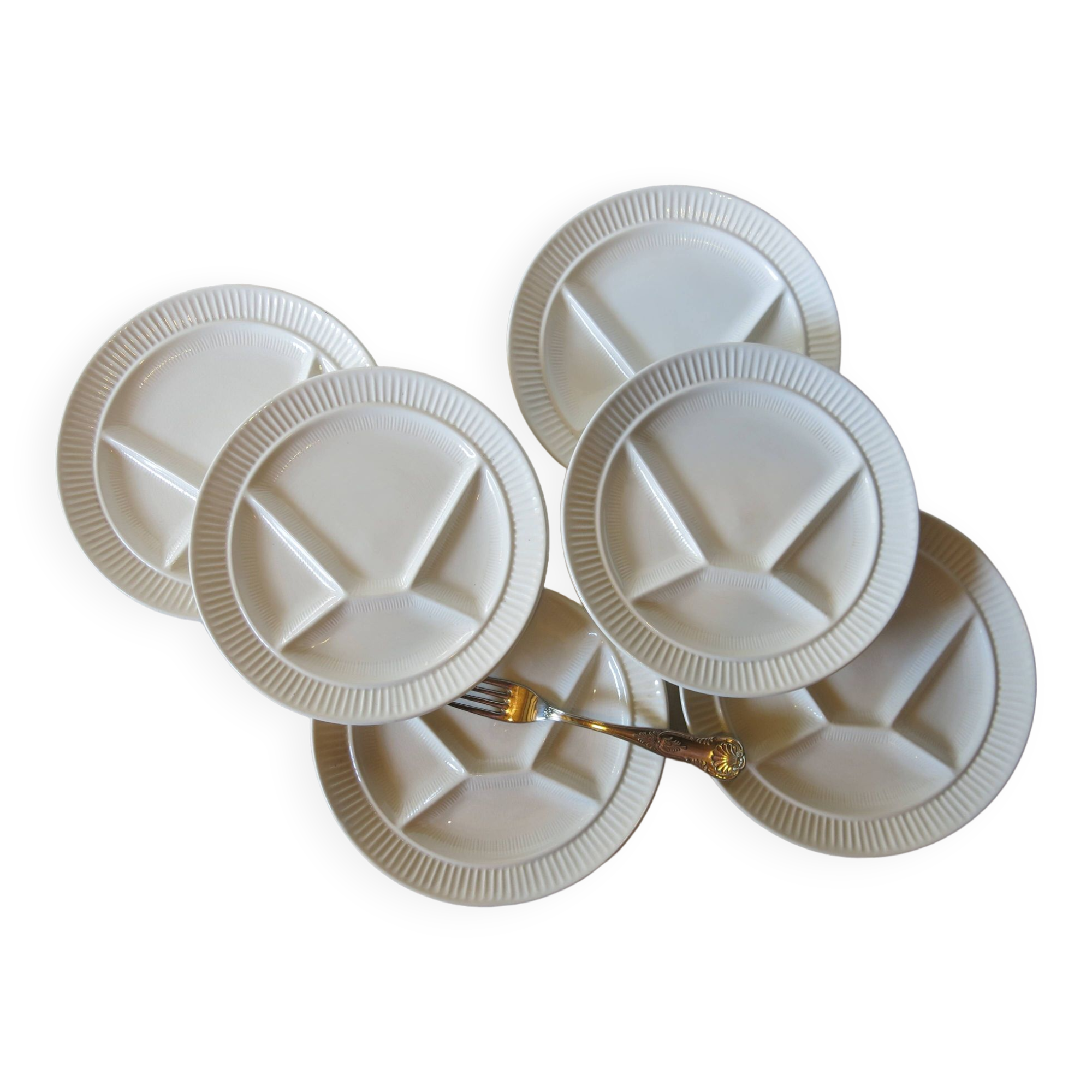 6 white Sarreguemines compartment plates