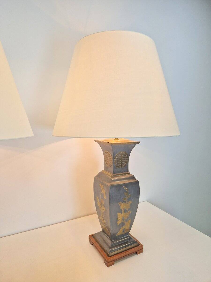 Vintage Asian Table Lamps in Pewter and Brass, 1950s, Set of 2