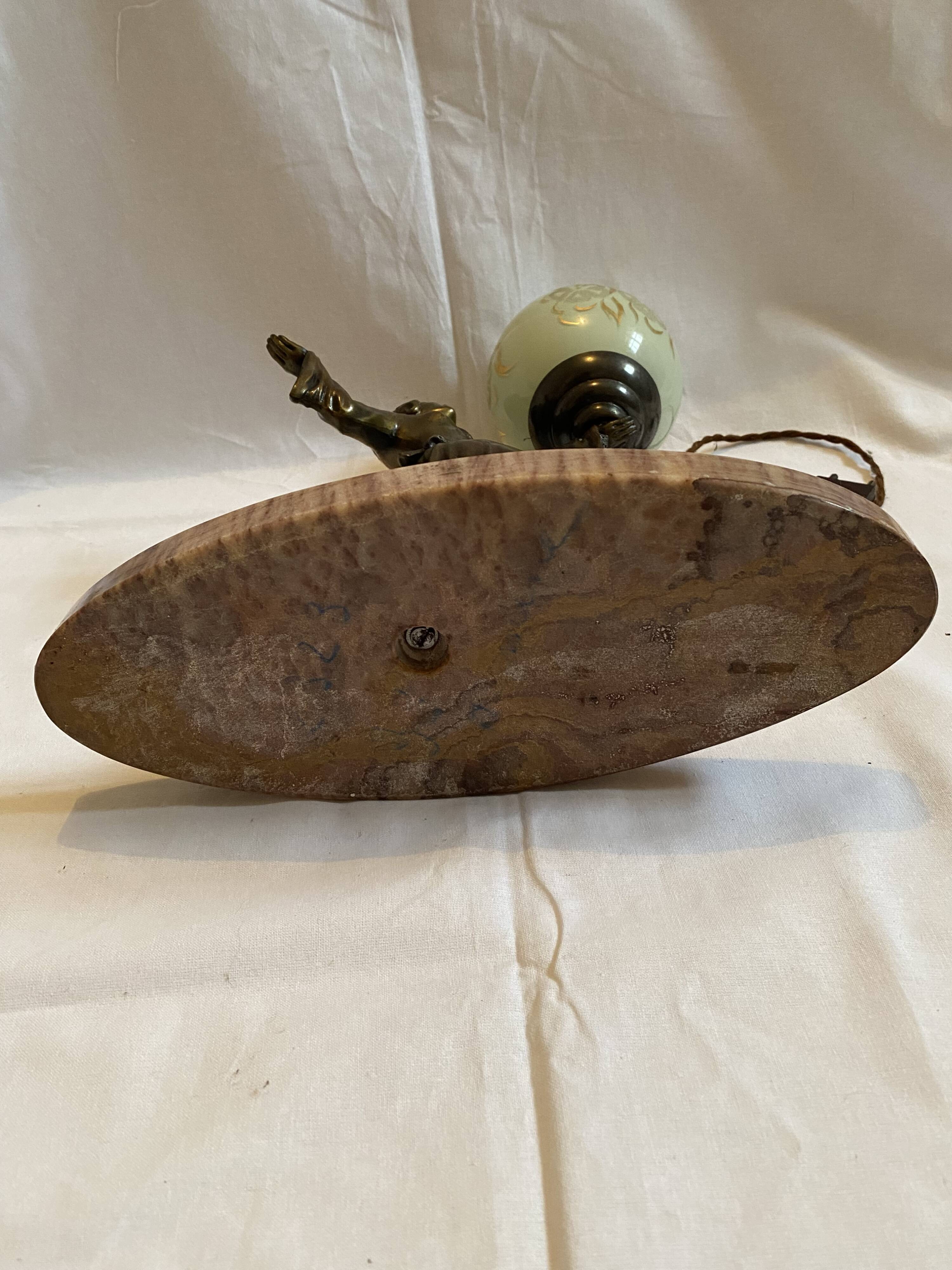 Art deco lamp in marble and bronze, woman holding a globe