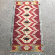 Burgundy runner rug in flat woven kilim fabric, Mid-Century style 1940s Czech Republic.