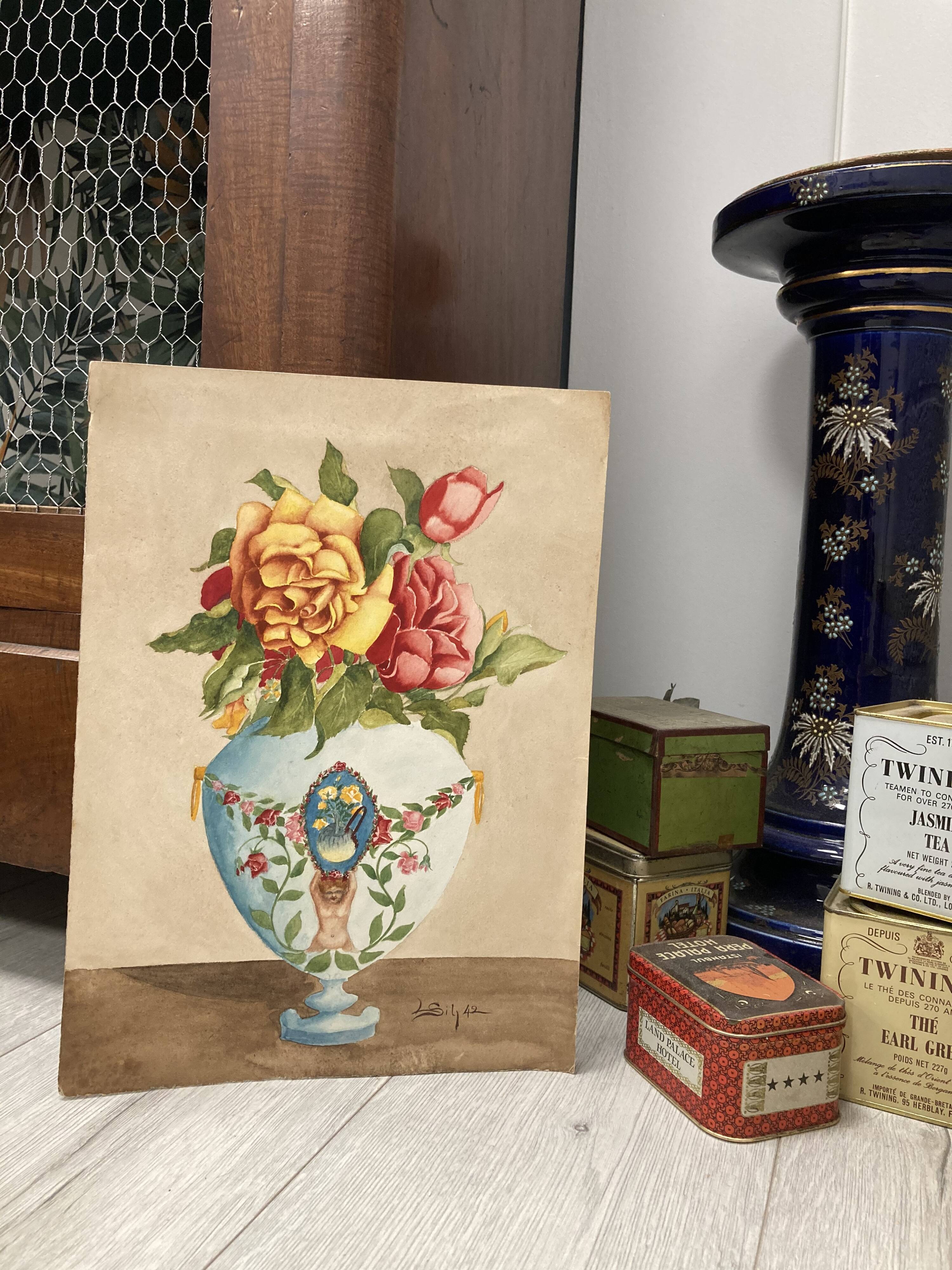 Vintage watercolor with roses in earthenware vase with angel