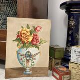 Vintage watercolor with roses in earthenware vase with angel
