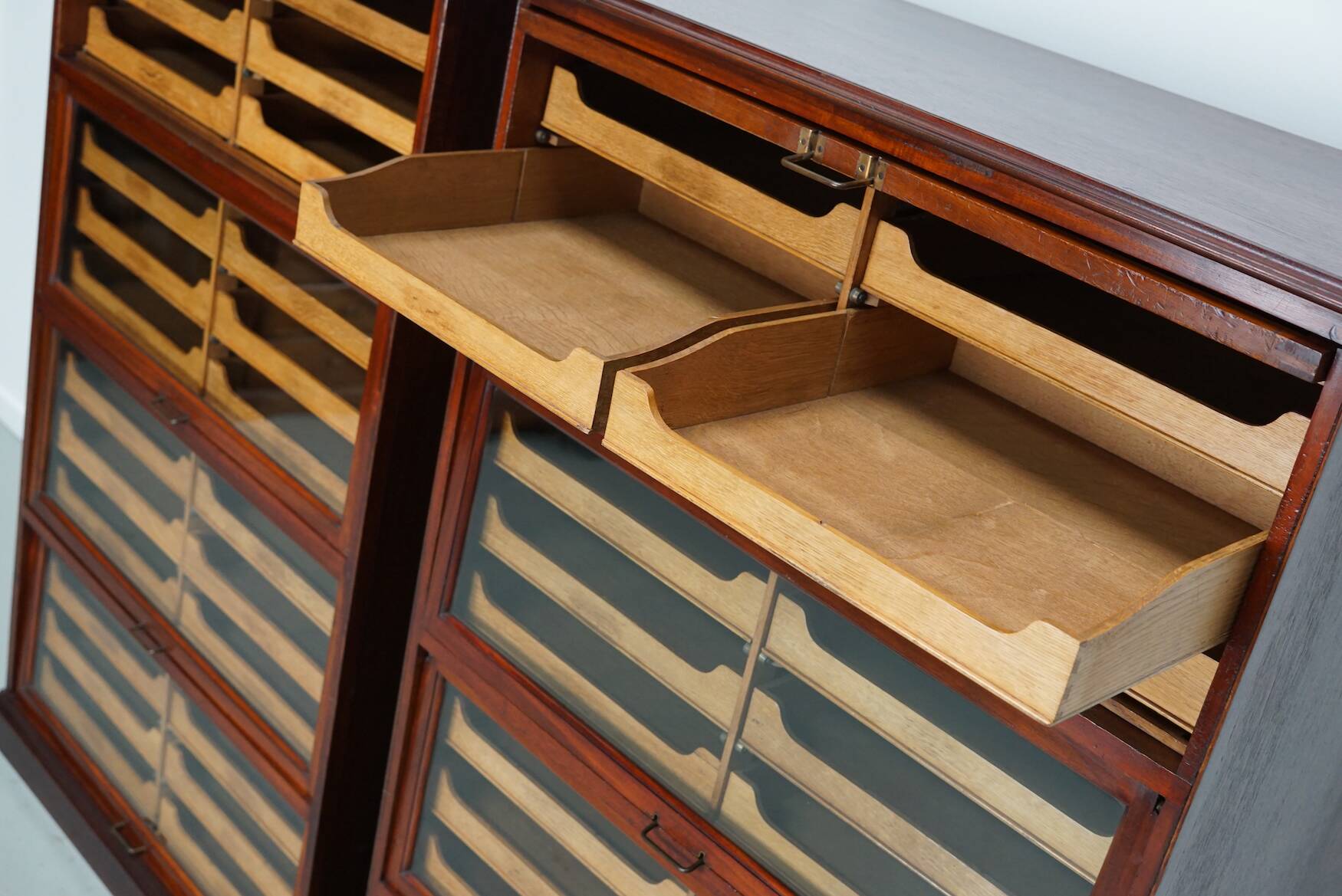 English Haberdashery Shop Cabinet with Glass Fronted Folding Doors, Ca 1920