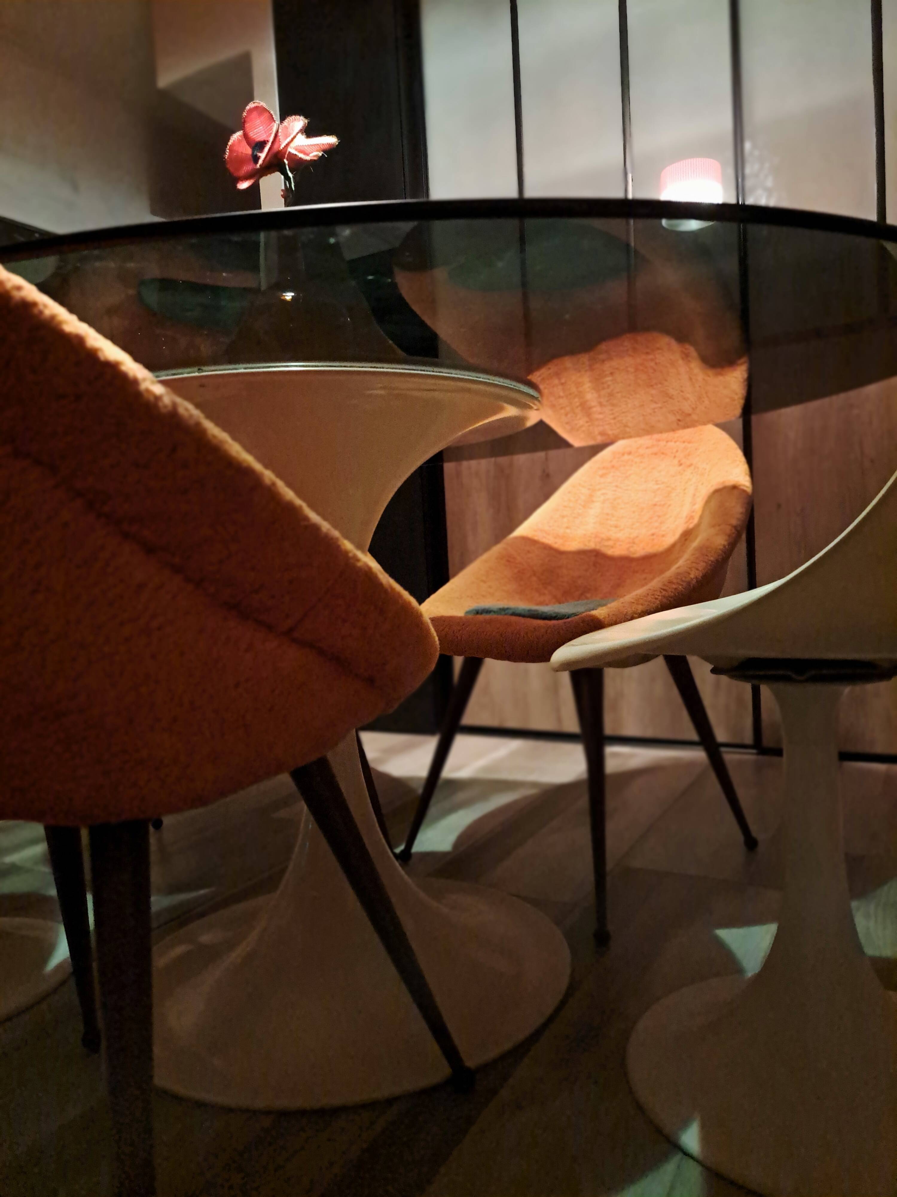 Set of 3 chairs, egg-shaped armchairs with compass legs, 1950