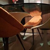 Set of 3 chairs, egg-shaped armchairs with compass legs, 1950