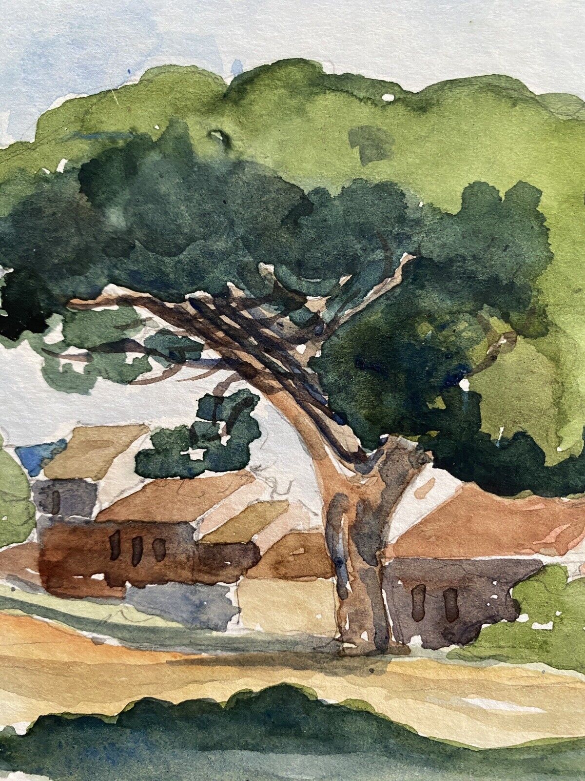 Watercolor painting "the wooded village" by jean-francois devaliere (1926-2021)