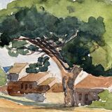 Watercolor painting "the wooded village" by jean-francois devaliere (1926-2021)