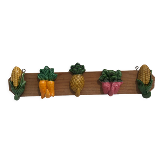 Wooden tea towel holder and ceramic fruits and vegetables